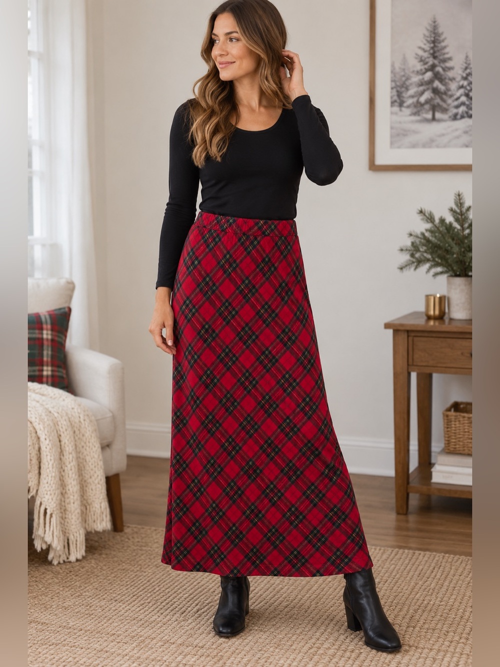 Coldwater Creek Red Tartan Plaid Velvet Maxi Skirt Holiday Christmas Petite M